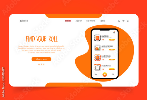 Mobile app template with sashimi menu. Landing page template with Asian food. Sushi store homepage. Online delivery seafood.