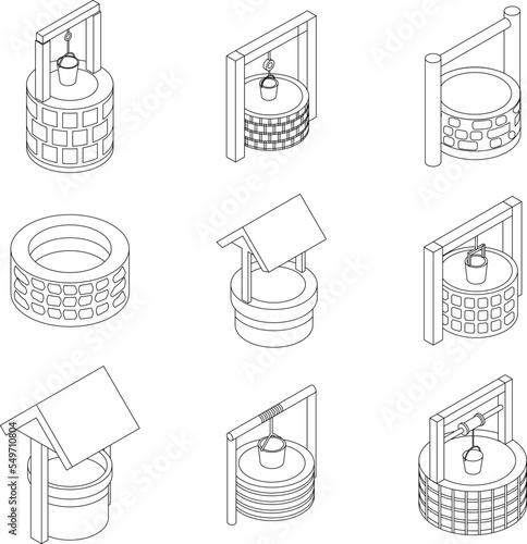 Water well icons set. Isometric set of water well vector icons outline vector on white background