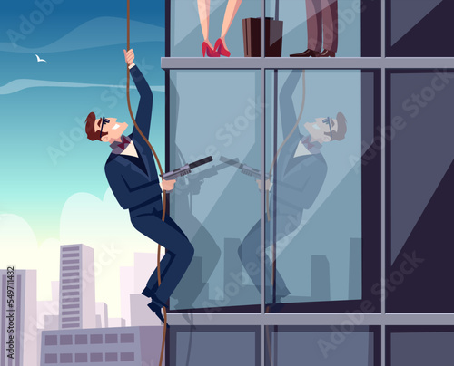Detective background. Secret spy agent working exact vector action scene in cartoon style