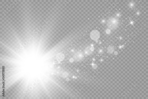   Special lens flash  light effect. The flash flashes rays and searchlight. illust.White glowing light. Beautiful star Light from the rays. The sun is backlit. Bright beautiful star. Sunlight. Glare.