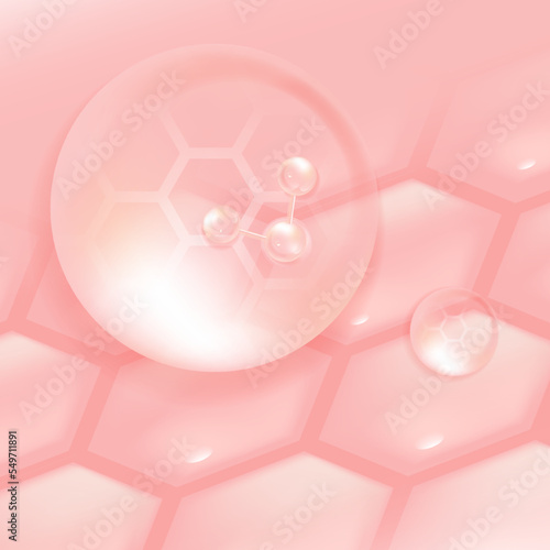 Hyaluronic acid hair and skin solutions ad, pink collagen serum drop into skin cells with cosmetic advertising background ready to use, illustration vector.