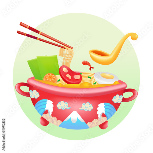 Japanese food, 3d illustration of big portion of ramen in red bowl