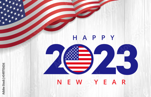 Happy New Year 2023 with flag USA. American creative design for Christmas sale banner or Xmas greeting card. Vector illustration