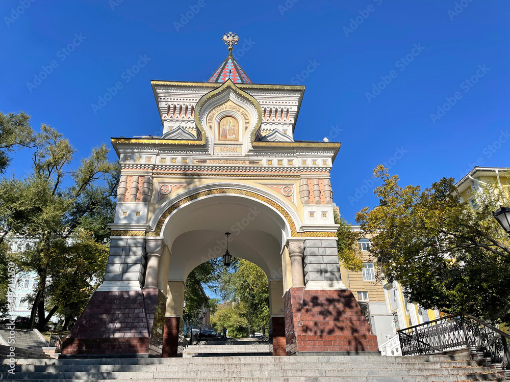 Triumphal (Nicholas) arch of the crown Prince in sunny winter day. Vladivostok