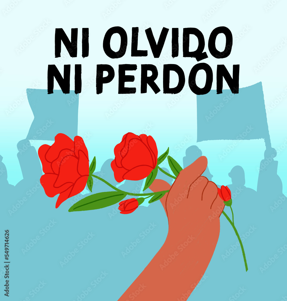 Mano con rosa roja en macha por Detenidos Desaparecidos en Chile - obrazy, fototapety, plakaty 