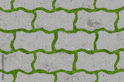Seamless pattern of old pavement with moss and figured interlocking textured bricks. Vector pathway texture top view. Outdoor slab sidewalk. Cobblestone footpath or patio. Concrete block floor