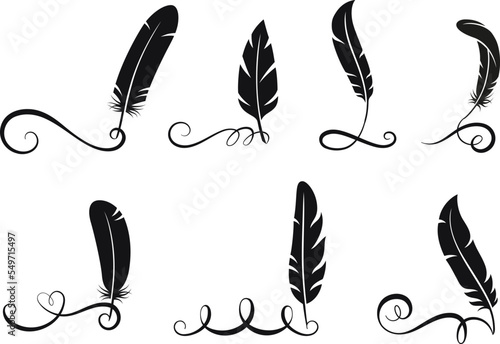 Black feathers written calligraphy elements. Isolated swirls, flourish filigree lines with feather. Vector graphic design, vintage letters tails