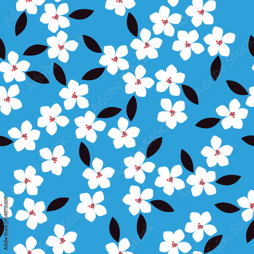 Cute floral pattern. Seamless vector texture. An elegant template for fashionable prints. Print with white flowers, black  leaves. blue background.