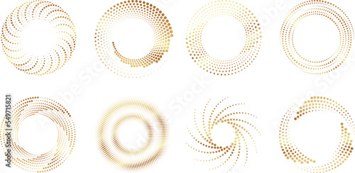 Golden dotted frames halftone design. Decorative frame circle shape. Gold abstract graphic elements, vector stylish luxury decor. Creative futuristic set