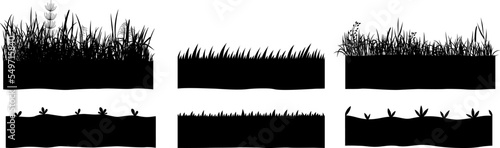 Silhouettes black grounds, grass meadow elements. Nature graphic collection, vector landscape silhouette decorative set. Spring summer forest design