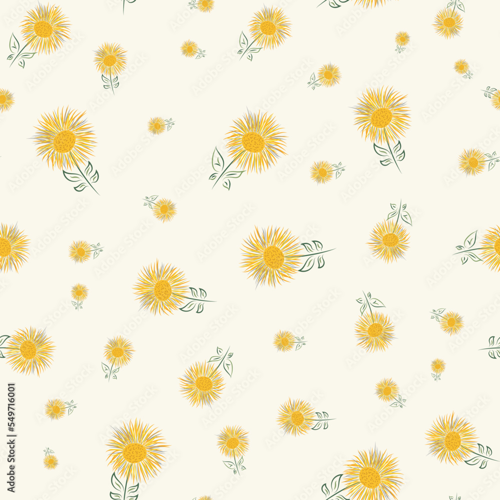 Inula flower seamless vector pattern background. Perennial cottage garden flowers yellow green backdrop. Giant Fleabane painterly scattered design. Maximalist cottagecore for summer, packaging