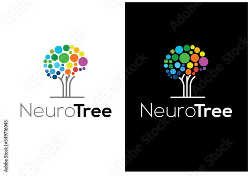 Neuro Tree logo concept, a human brain made out of colorful circles and connected to a tree trunk 