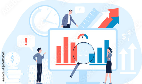 Marketing benchmarking or okr. Manager measure cost, indicate quality and evaluate performance. Business comparison testing methodology recent vector concept