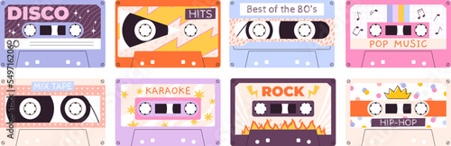 Cartoon retro tape audio cassette. Stereo music 90s 80s style. Vintage rock and jazz, old mixtape sounds. Analogue records, 1980 tapes devices racy vector set