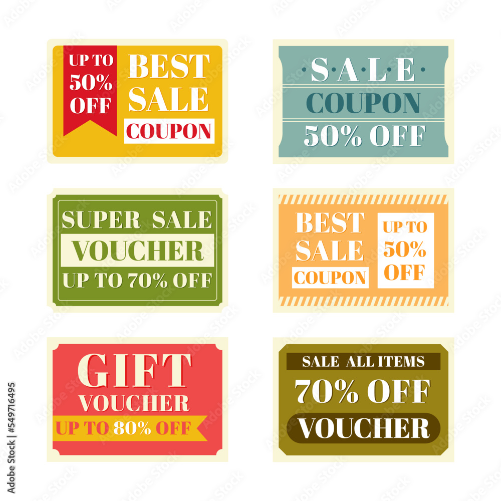 Coupon and Voucher sale label collection with flat design.