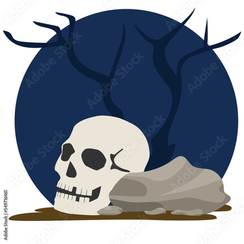 Human scull next to old tree and stone. Vector illustration.