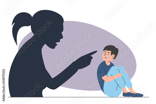 Silhouette of a mother screaming at son vector isolated. Illustration of an angry parent being aggresive to a little child. Crying boy on the floor. Parental abuse and violence.
