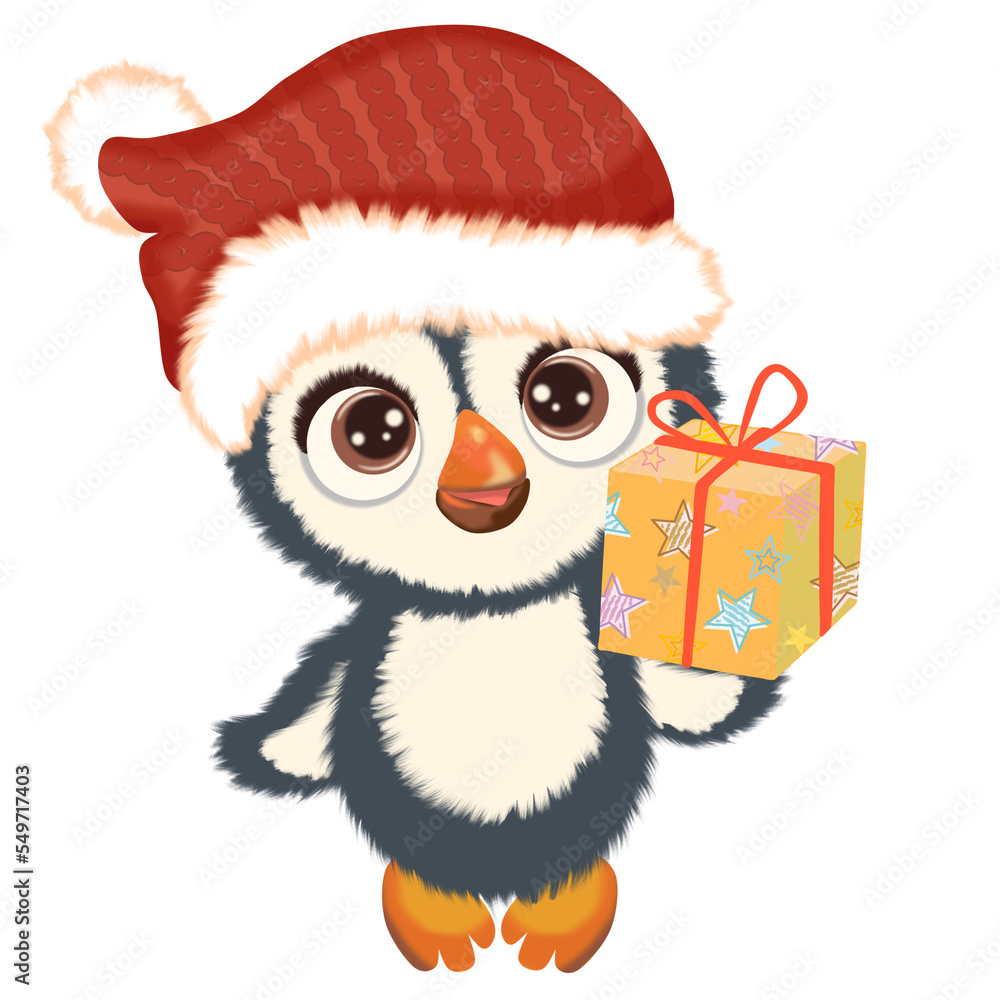 Penguin santa claus with gifts