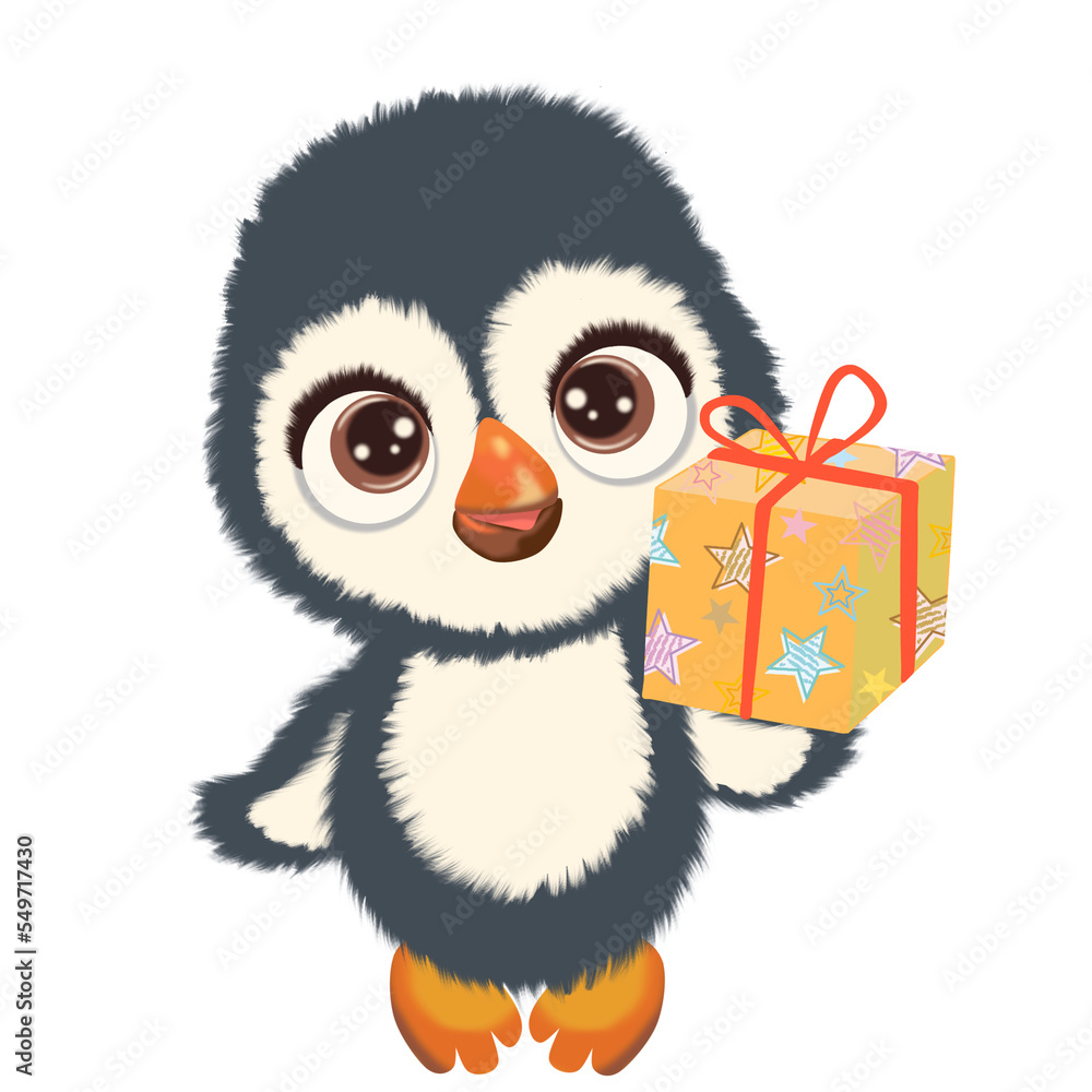 Cute penguin with gift drawn in cartoon style Cute penguin with gift drawn in cartoon style