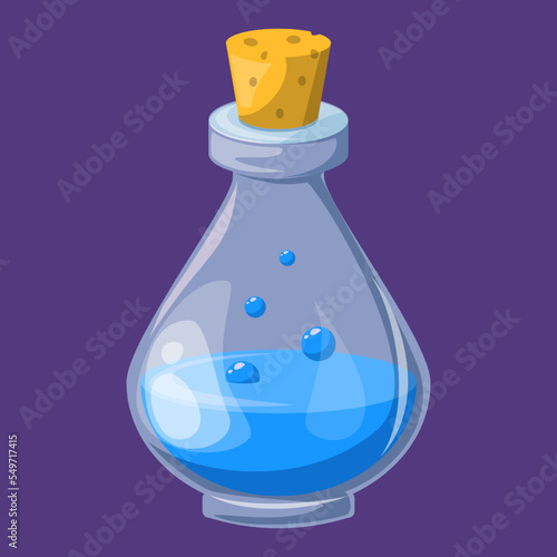 Blue potion game icon vector isolated. Illustration of a glass bottle with blue liquid inside. Alchemy concept. Magic elixir.