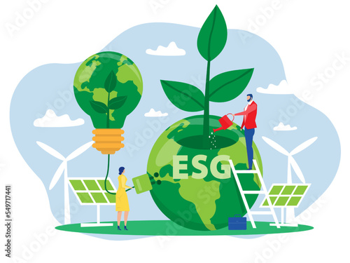 businessman water the plants  on Earth in shape of lightbulb lamp with ecology problem ESG  renewable, green, safe and long term source concept vector