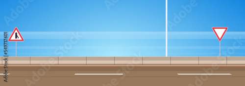 Highway asphalt road and road sign on the road with blue sky flat vector illustration.