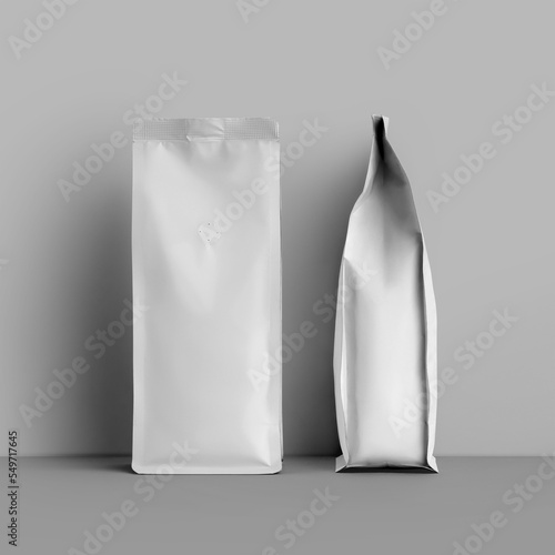 Photography White coffee pouch gusset mockup, side view, front view, blank pack for beans, for design, brand