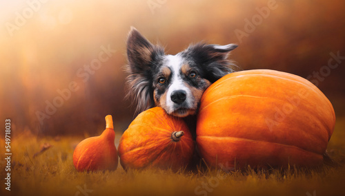 Blue merle border collie portrait in pumpkins