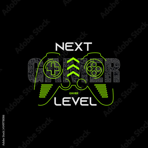 Vector joysticks gamepad illustration with slogan next level, for t-shirt prints and other uses.	