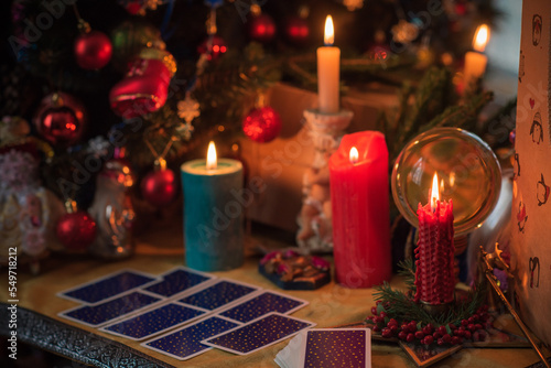 Rite on Christmas, wicca or pagan energy magic. Christmas eve prediction. Attracting love, money and luck into your life. Candle magic  