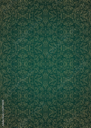 Hand-drawn unique abstract gold ornament on a dark green cold background, with vignette of darker background color and splatters of golden glitter. Paper texture. Digital artwork, A4. (pattern: p03e)