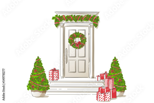 Red front door with Christmas trees gifts and decorations. Vector classic door, house exterior. Line hand drawn isolated entrance sketch