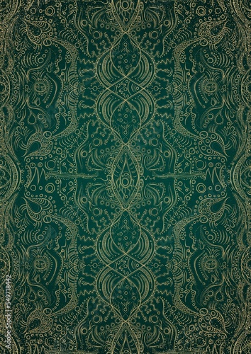Hand-drawn unique abstract gold ornament on a dark green cold background, with vignette of darker background color and splatters of golden glitter. Paper texture. Digital artwork, A4. (pattern: p09d)