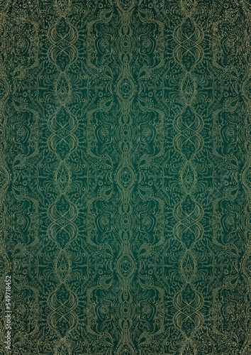Hand-drawn unique abstract gold ornament on a dark green cold background, with vignette of darker background color and splatters of golden glitter. Paper texture. Digital artwork, A4. (pattern: p09e)