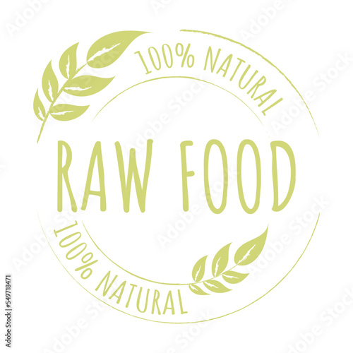Green eco, organic and raw food product grunge label. Fresh healthy food logo. Bio natural, gmo free, vegetarian package logo stamp vector 