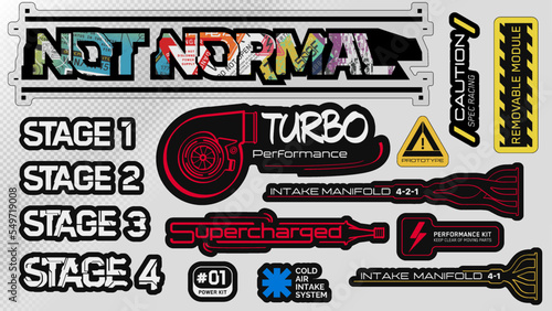 Cyberpunk decals set of vector stickers and labels in futuristic style. Inscriptions and symbols,not normal, turbo perfomance, supercharged, intake manifold 4-2-1 vs 4-1, spec racing, caution, stage.