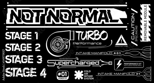 Cyberpunk decals set of vector stickers and labels in futuristic style. Inscriptions and symbols, not normal, turbo perfomance, supercharged, intake manifold 4-2-1 vs 4-1, spec racing, caution, stage.