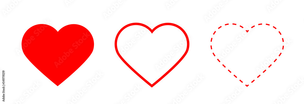 Red Heart icon.Line heart shape.Simple line heart icon.Vector set of love symbols.Dotted line heart. Red Heart icon.Line heart shape.Simple line heart icon.Vector set of love symbols.Dotted line heart.