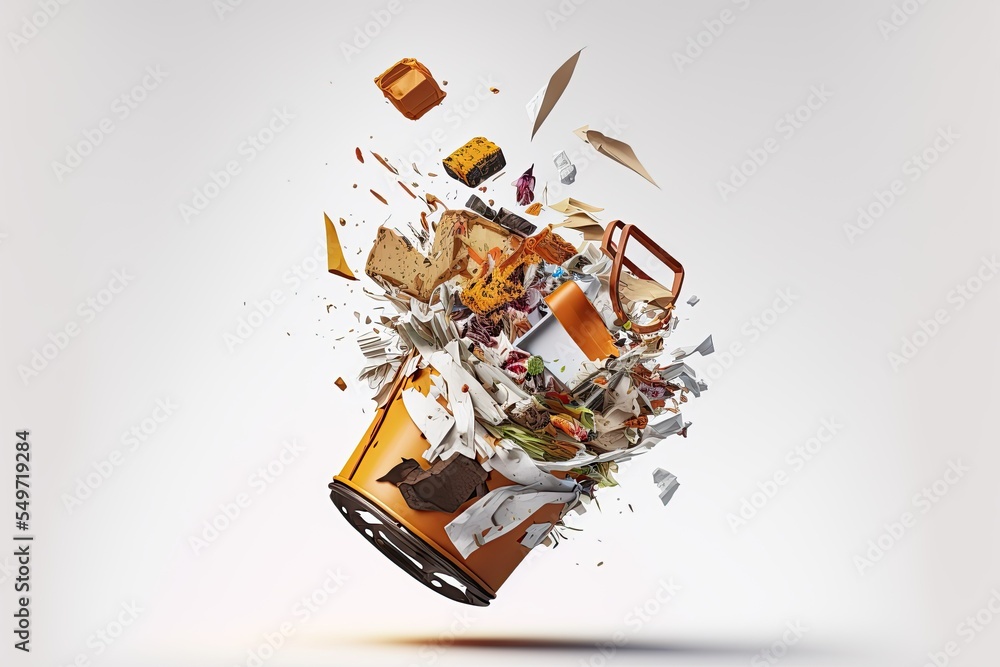 There are garbage trashcans all over the place on a white background