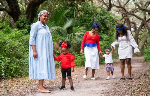 Women and toddlers walking in the park