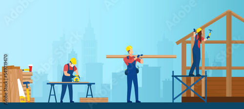 Vector of carpenters at work, building a wood frame house structure