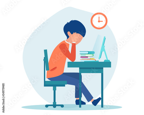 Vector of a student sitting at desk with head in hands feeling burnout, isolated on white background