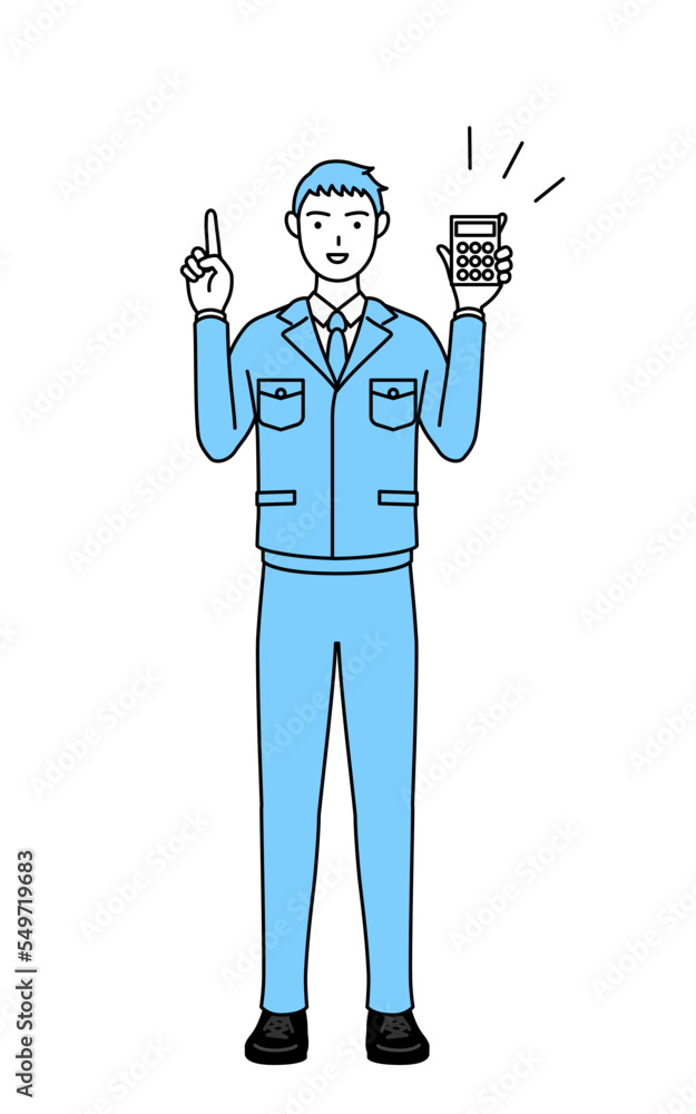 電卓を持って指さす作業着を着た男性のシンプルな線画