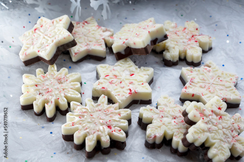 Homemade peppermint bark, white and dark chocolate with crushed candy canes, Christmas treat or gift