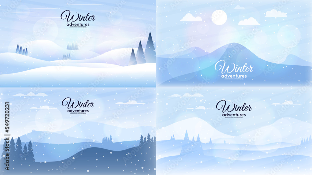 Set of winter season vector illustrations. Forest with hills and mountains. Blue sky with clouds. Winter adventures. Design for wallpaper, background, banner, poster, card.
