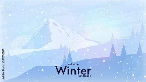 Winter landscape on blue sky. Snowfall. Design for wallpaper, background, greeting card, touristic card. Mountains with hills and trees. 