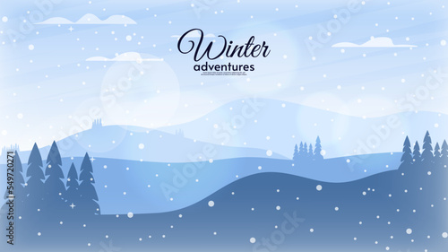 Vector illustration. Winter landscape. Hills with mountains and trees. Flat style vector illustration. Blue sky with clouds.