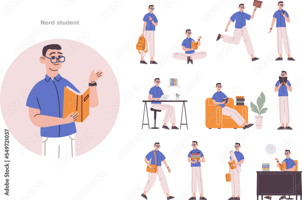 Nerd student poses. Schoolboy portrait or young school teacher on job, university student with backpack, phone or library book intelligent college worker recent vector illustration