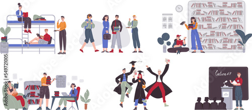 Student life scenes. Youth people learning in university lecture or relaxed roommates, students celebrate graduation and engage education with teacher, recent vector illustration