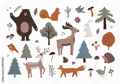 Set of woodland wild forest animals. Cute Scandinavian cartoon deer, bear, moose, squirrel, bird, fox, hedgehog, rabbit and spruce trees, berry, mushrooms. Vector illustration in hand drawn flat style